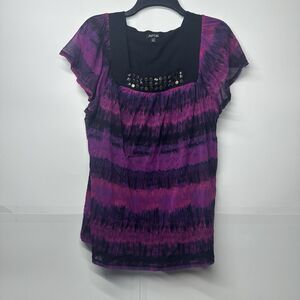 APT.9 Women's Blouse 1X Purple Black Tie Dye Short Sleeve Beaded Neckline Top